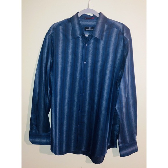 Bugatchi Uomo Shirt Mens XL Blue Striped W dotted Circle Design Long Sleeve - Picture 1 of 9